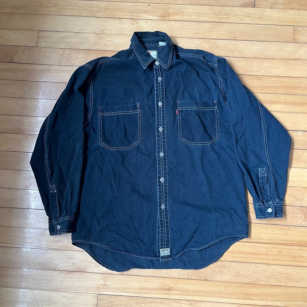 Levis Red Tab Mens Medium Black Contrast Stitch Denim Workwear Shirt Long Slv